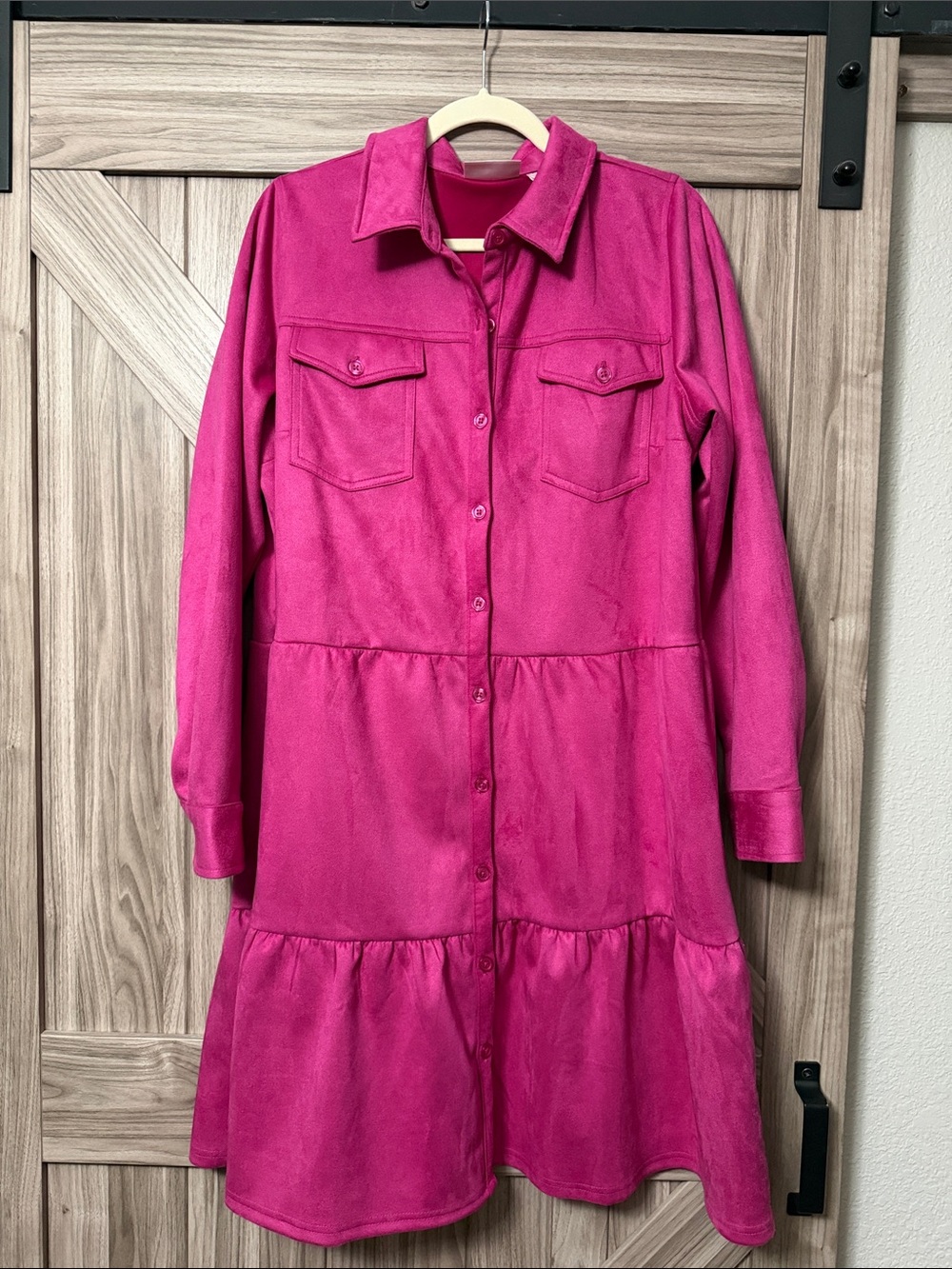 Belle Boho Kim Gravel Hot Pink Faux Suede Tiered Shirt Dress Size L